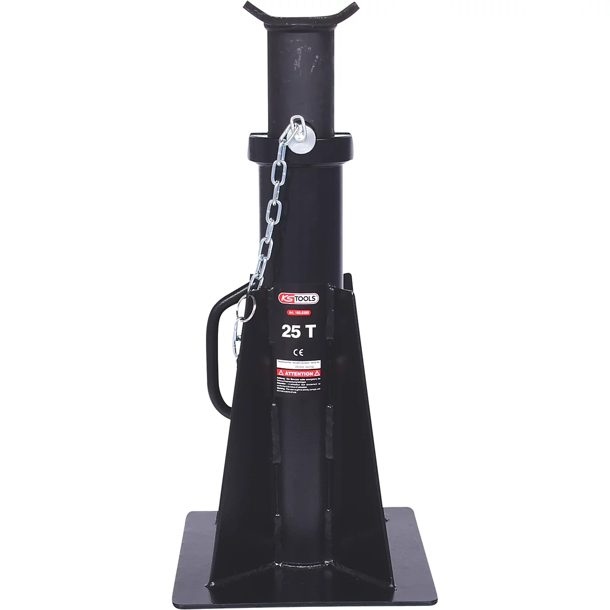 Schwarzer Stützbock, der auf einer quadratischen Platte steht. Oben eine Gabel, eine Kette und ein Warnhinweis.